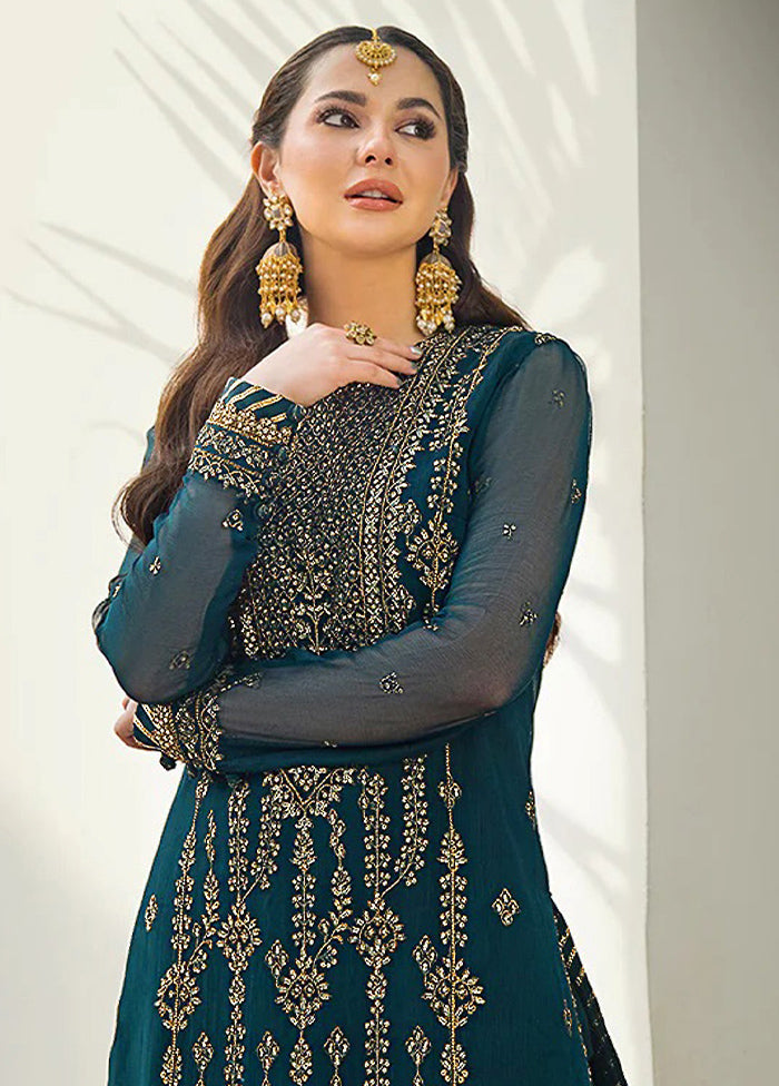 3 Pc Blue Semi Stitched Georgette Suit Set - Indian Silk House Agencies