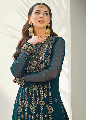 3 Pc Blue Semi Stitched Georgette Suit Set - Indian Silk House Agencies