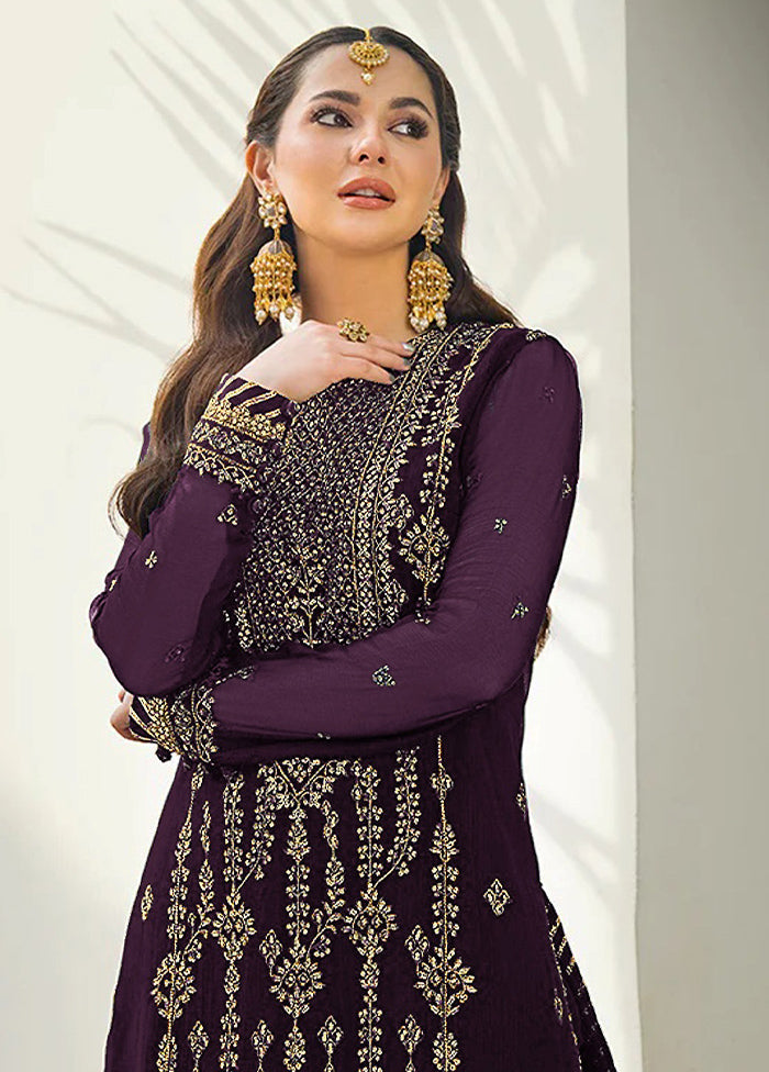 3 Pc Purple Semi Stitched Georgette Suit Set - Indian Silk House Agencies