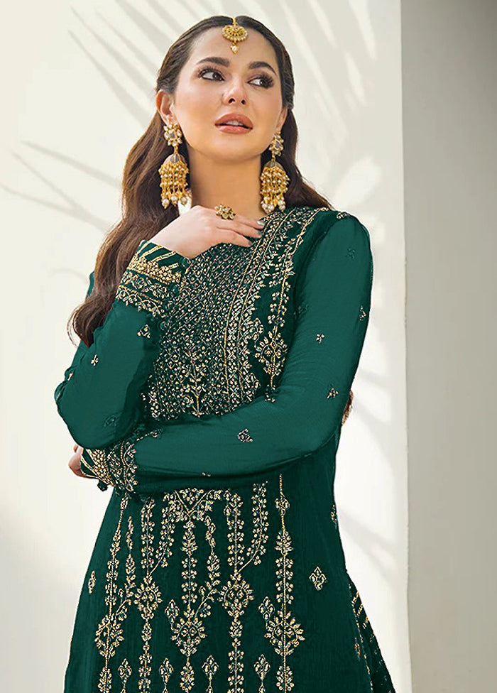 3 Pc Green Semi Stitched Georgette Suit Set - Indian Silk House Agencies