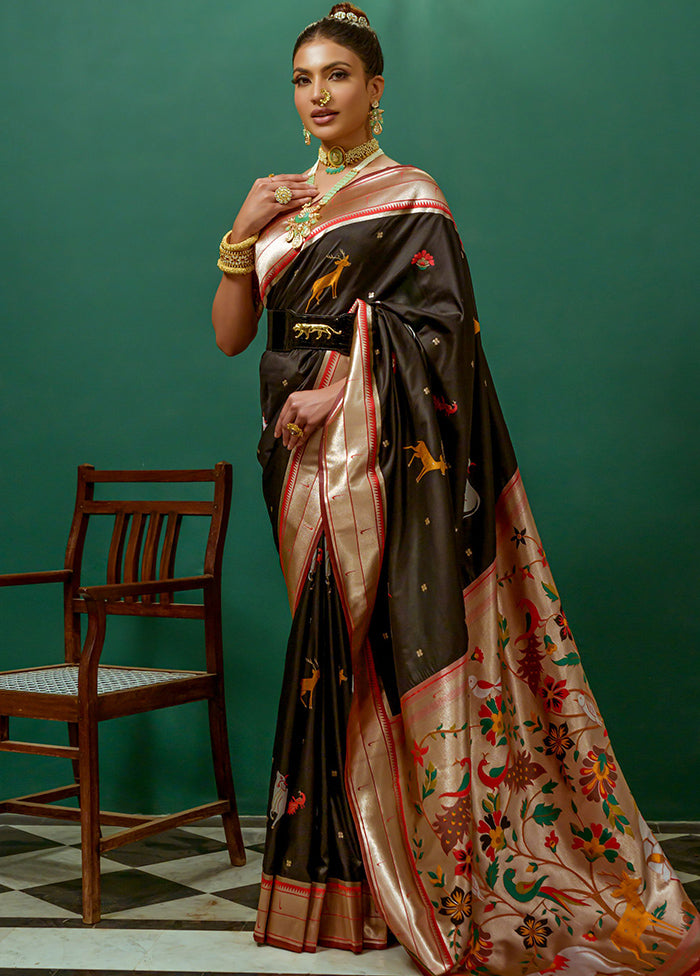 Black Dupion Silk Saree With Blouse Piece - Indian Silk House Agencies