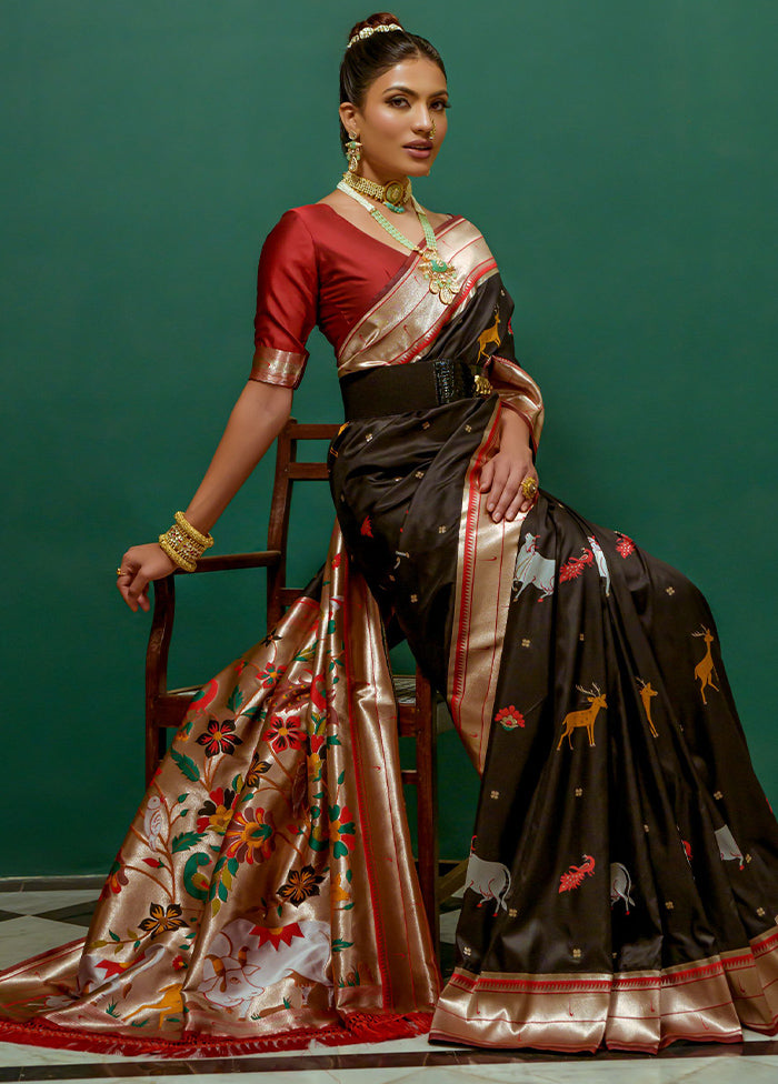 Black Dupion Silk Saree With Blouse Piece - Indian Silk House Agencies