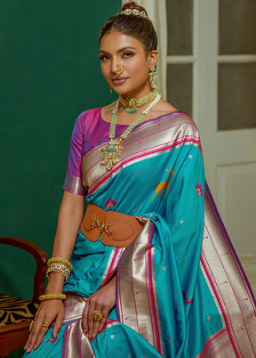 Blue Dupion Silk Saree With Blouse Piece - Indian Silk House Agencies