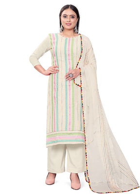 3 Pc White Readymade Chanderi Suit Set - Indian Silk House Agencies