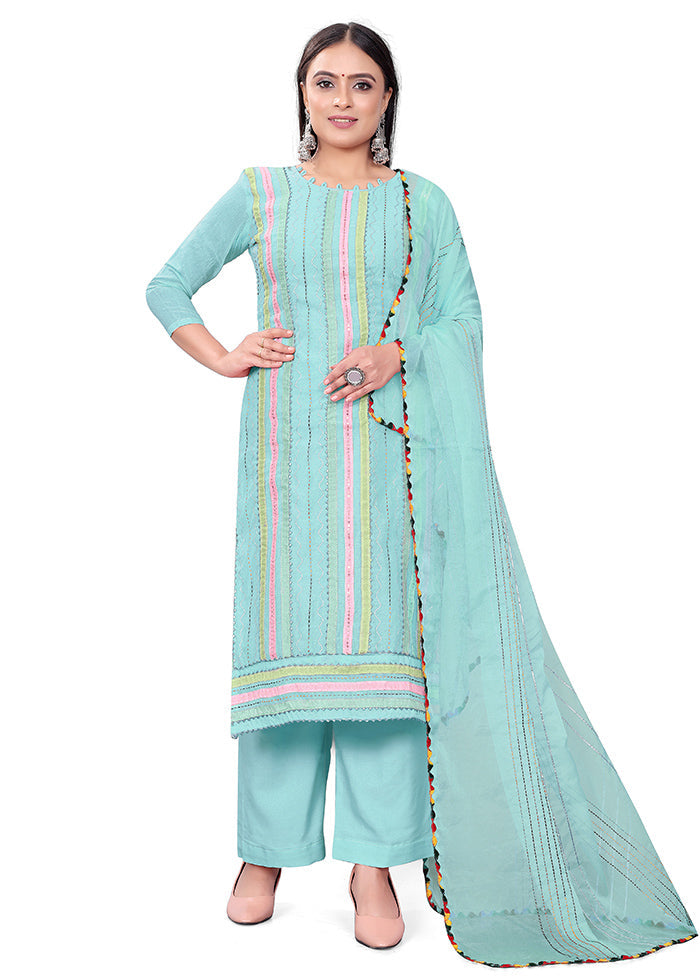 3 Pc Blue Readymade Chanderi Suit Set - Indian Silk House Agencies