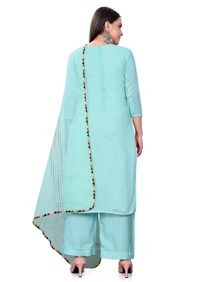 3 Pc Blue Readymade Chanderi Suit Set - Indian Silk House Agencies