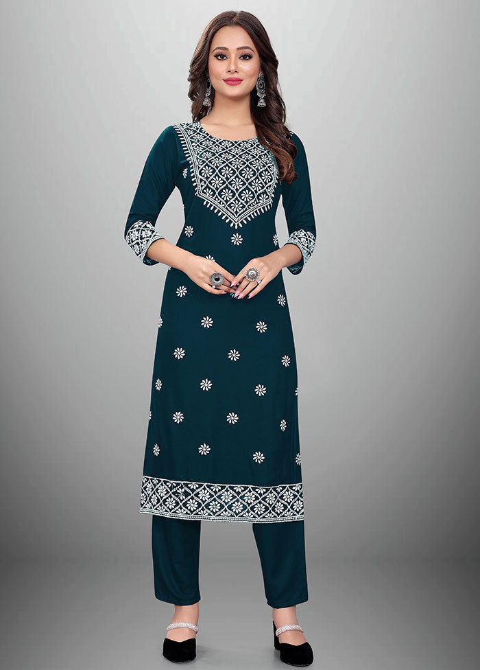 2 Pc Teal Readymade Rayon Kurti Set - Indian Silk House Agencies