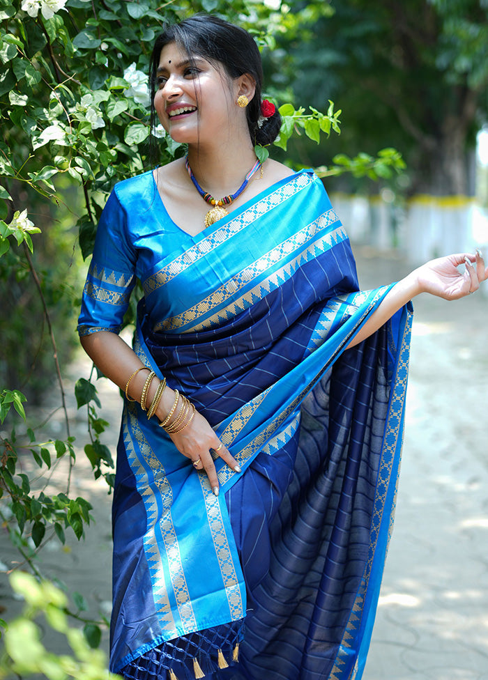 Blue Spun Silk Saree With Blouse Piece - Indian Silk House Agencies