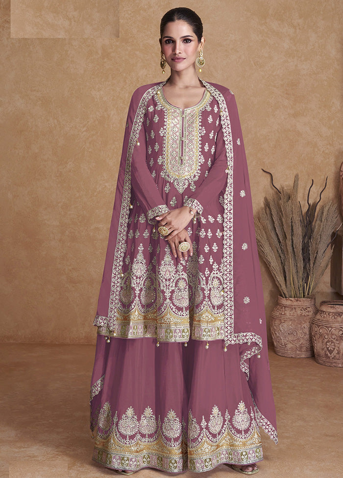 3 Pc Purple Unstitched Georgette Suit Set - Indian Silk House Agencies