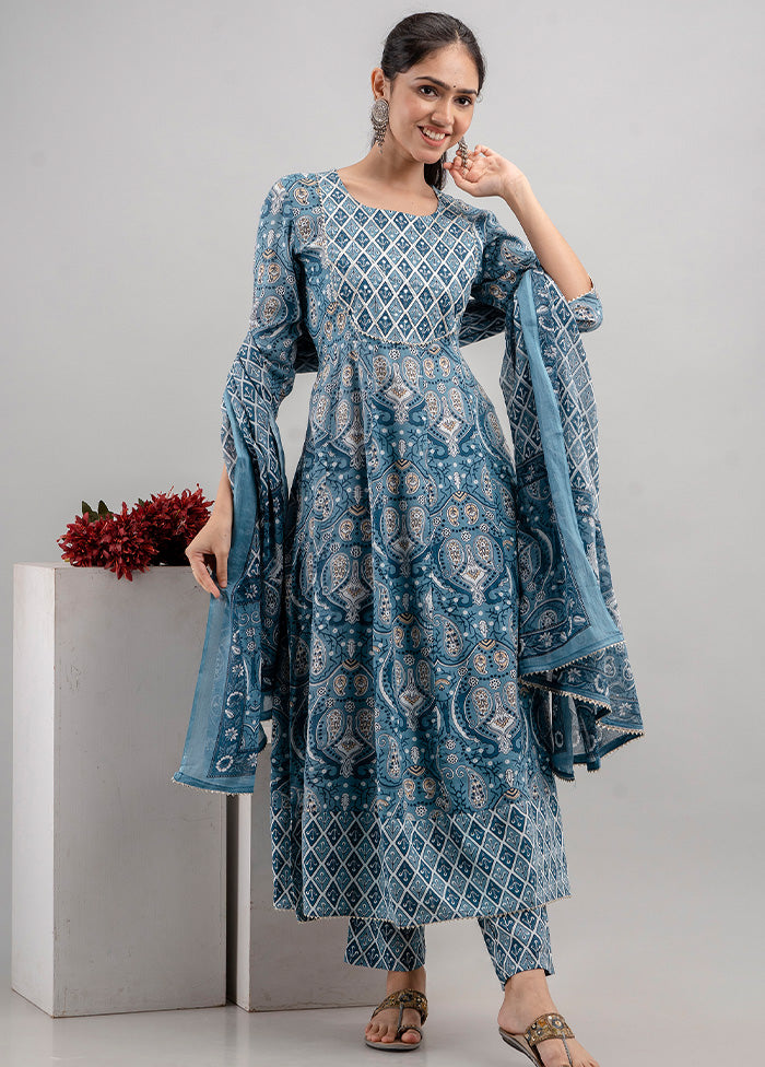 3 Pc Blue Readymade Cotton Suit Set - Indian Silk House Agencies