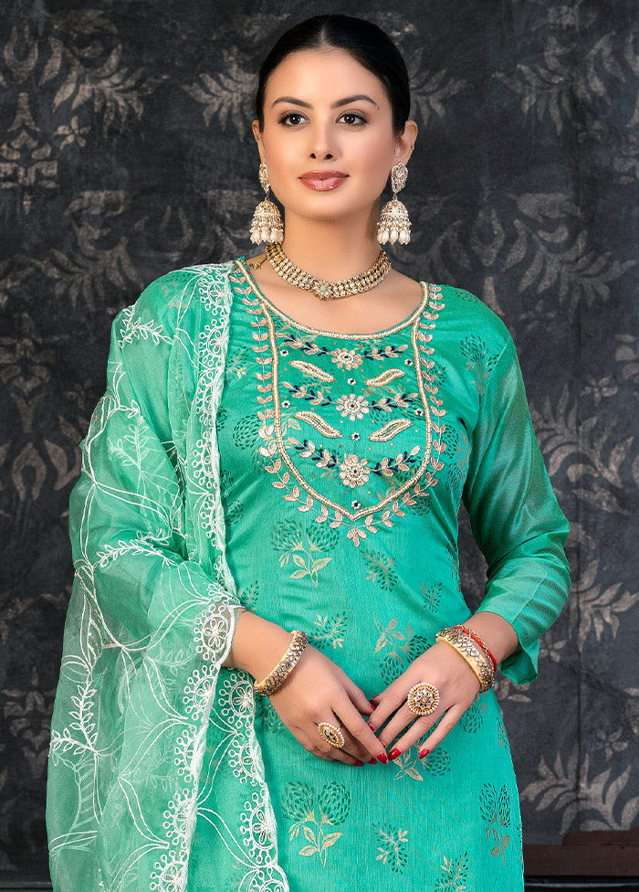 3 Pc Blue Semi Stitched Organza Suit Set - Indian Silk House Agencies
