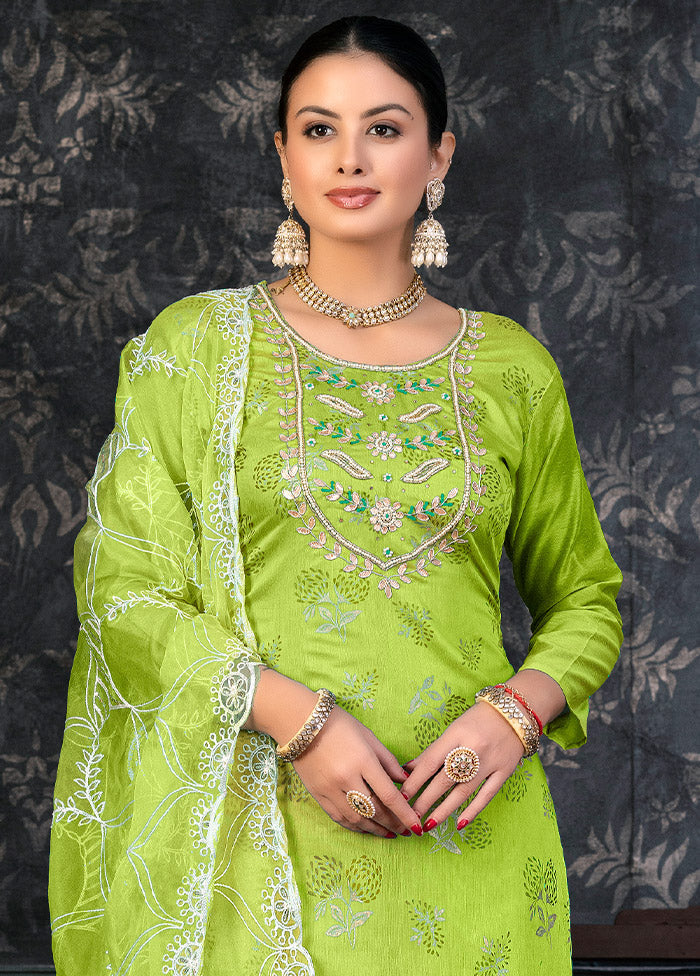 3 Pc Lime Green Semi Stitched Organza Suit Set - Indian Silk House Agencies