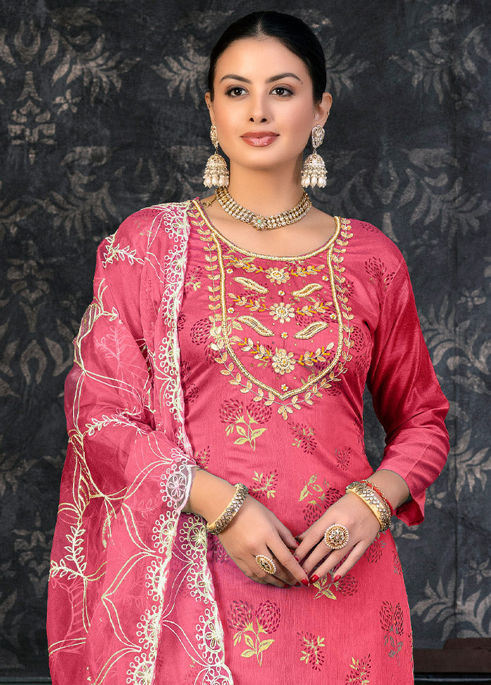 3 Pc Pink Semi Stitched Organza Suit Set - Indian Silk House Agencies