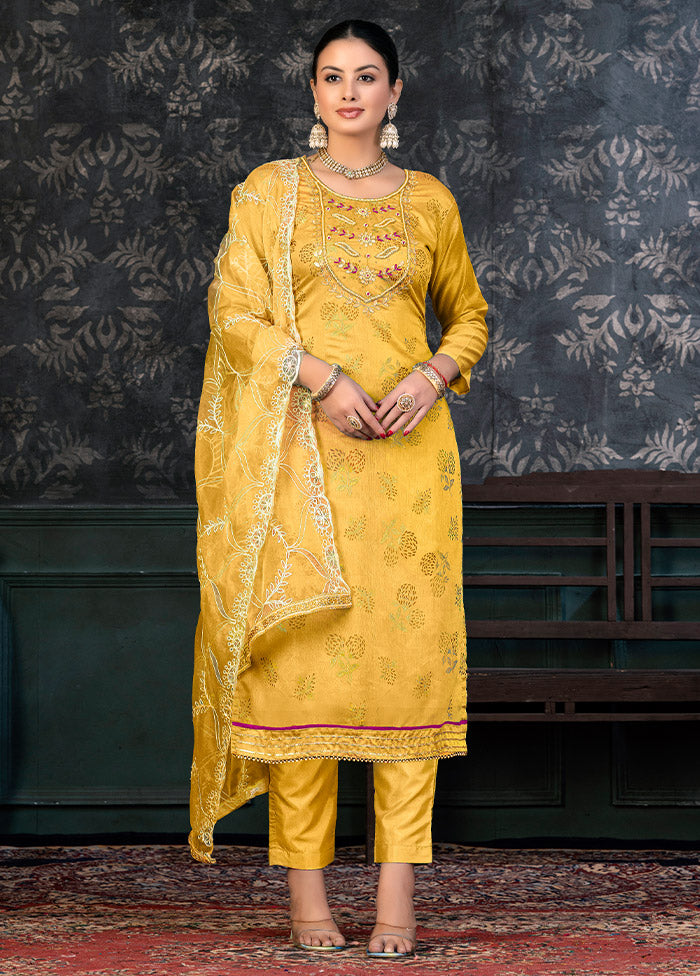 3 Pc Yellow Semi Stitched Organza Suit Set - Indian Silk House Agencies