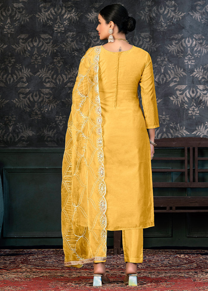 3 Pc Yellow Semi Stitched Organza Suit Set - Indian Silk House Agencies