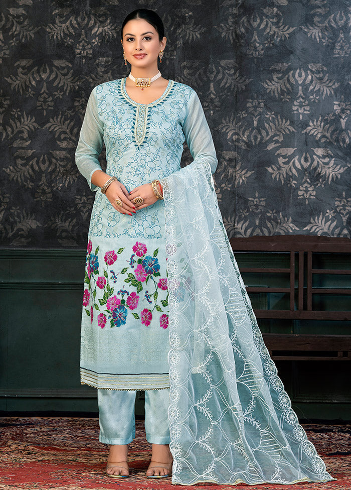 3 Pc Sky Blue Semi Stitched Organza Suit Set - Indian Silk House Agencies