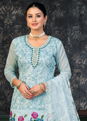 3 Pc Sky Blue Semi Stitched Organza Suit Set - Indian Silk House Agencies