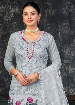 3 Pc Grey Semi Stitched Organza Suit Set - Indian Silk House Agencies