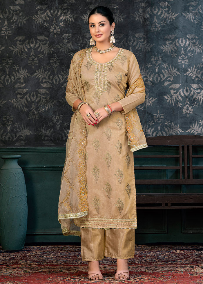 3 Pc Light Brown Semi Stitched Organza Suit Set - Indian Silk House Agencies