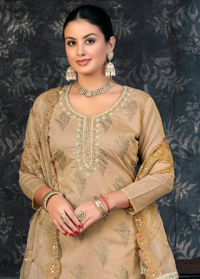 3 Pc Light Brown Semi Stitched Organza Suit Set - Indian Silk House Agencies