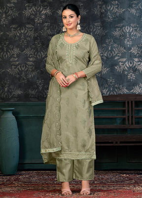 3 Pc Olive Green Semi Stitched Organza Suit Set - Indian Silk House Agencies