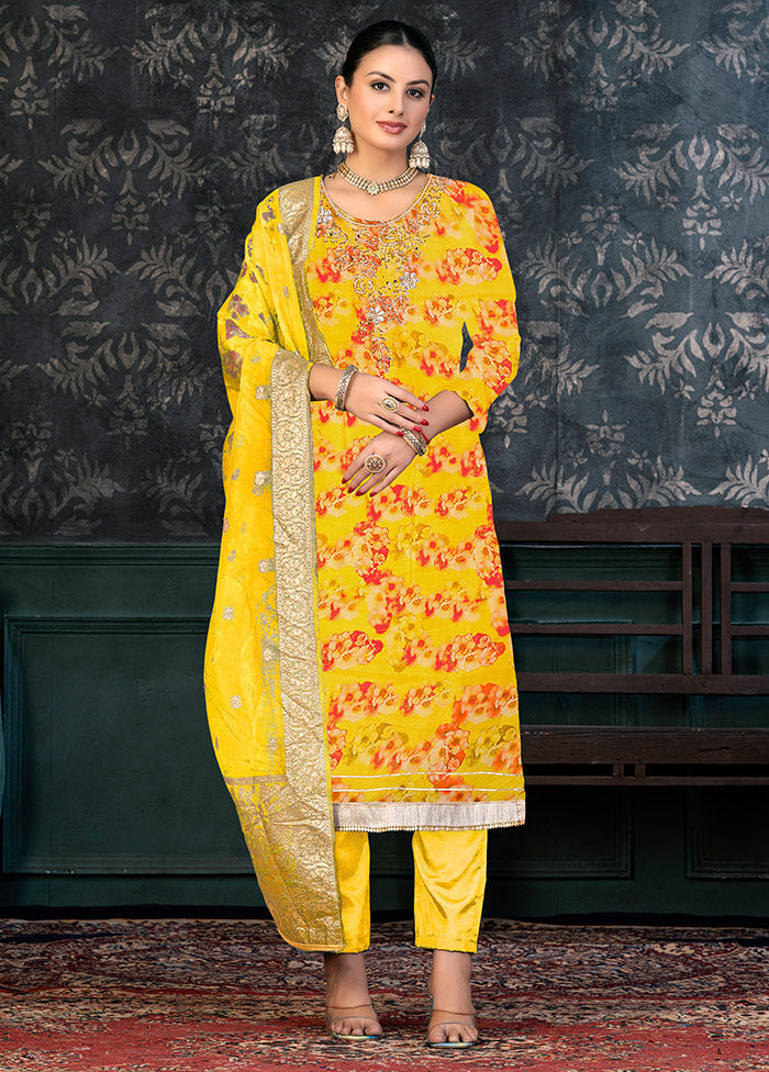 3 Pc Yellow Semi Stitched Organza Suit Set - Indian Silk House Agencies