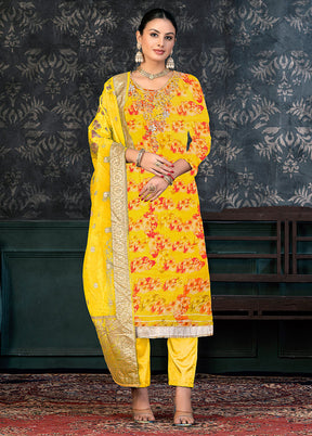 3 Pc Yellow Semi Stitched Organza Suit Set - Indian Silk House Agencies