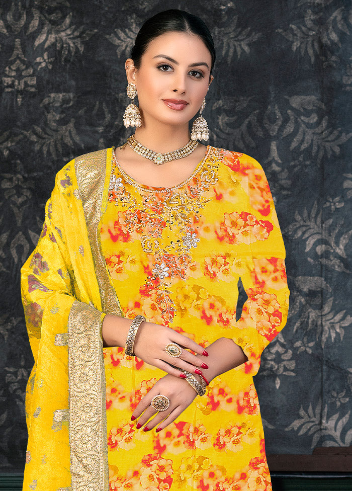 3 Pc Yellow Semi Stitched Organza Suit Set - Indian Silk House Agencies