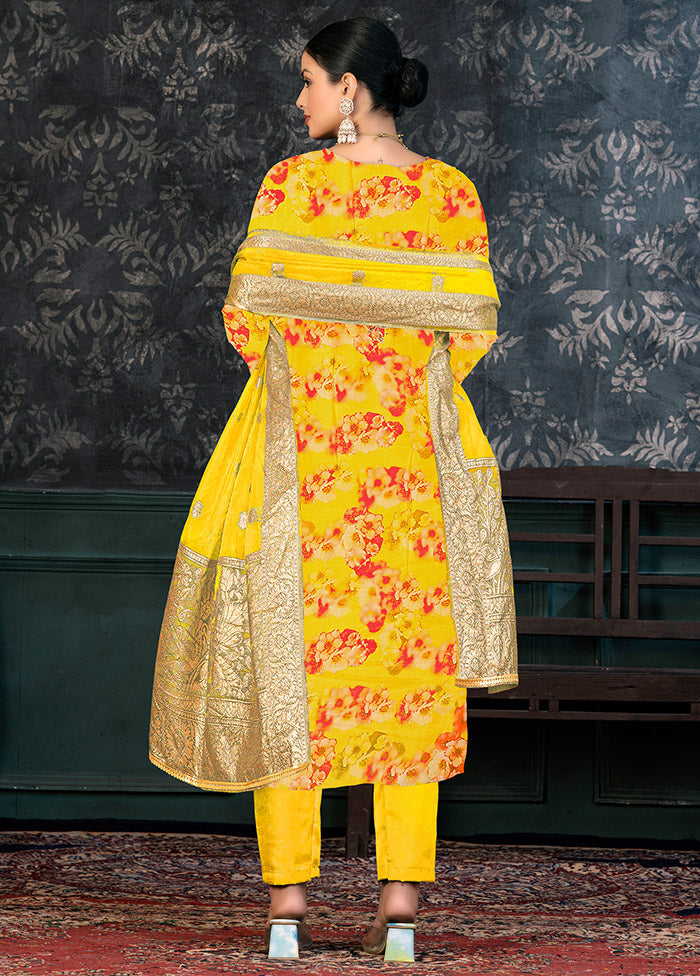 3 Pc Yellow Semi Stitched Organza Suit Set - Indian Silk House Agencies