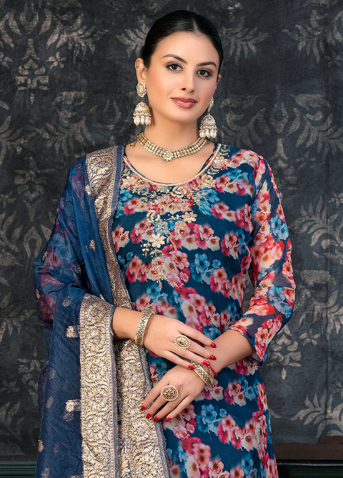 3 Pc Blue Semi Stitched Organza Suit Set - Indian Silk House Agencies