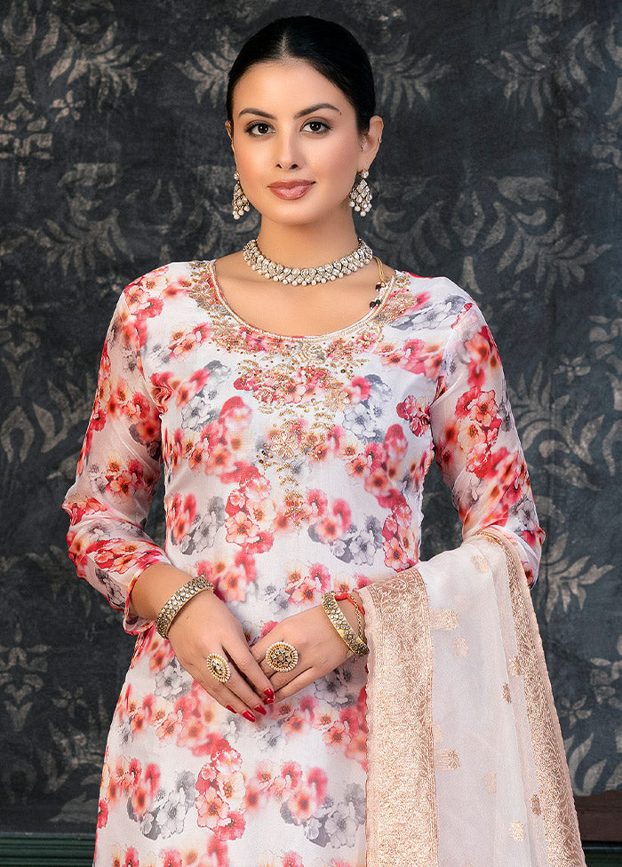 3 Pc Grey Semi Stitched Organza Suit Set - Indian Silk House Agencies