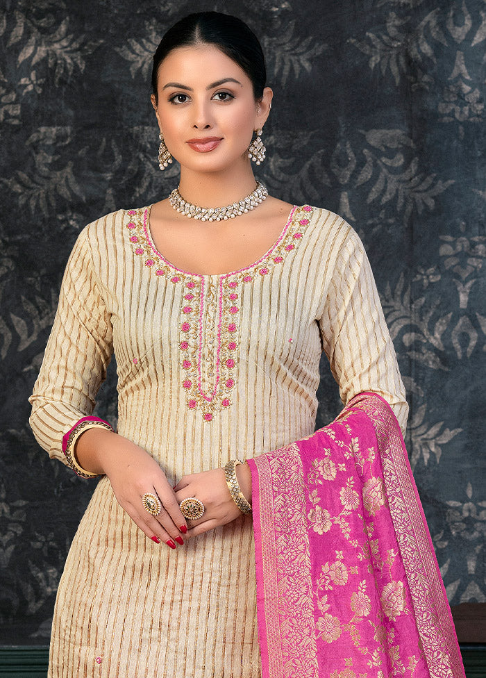 3 Pc Off White Semi Stitched Cotton Suit Set - Indian Silk House Agencies