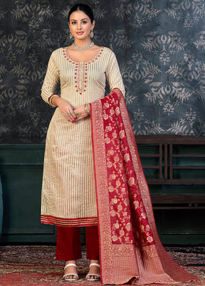 3 Pc Off White Semi Stitched Cotton Suit Set - Indian Silk House Agencies