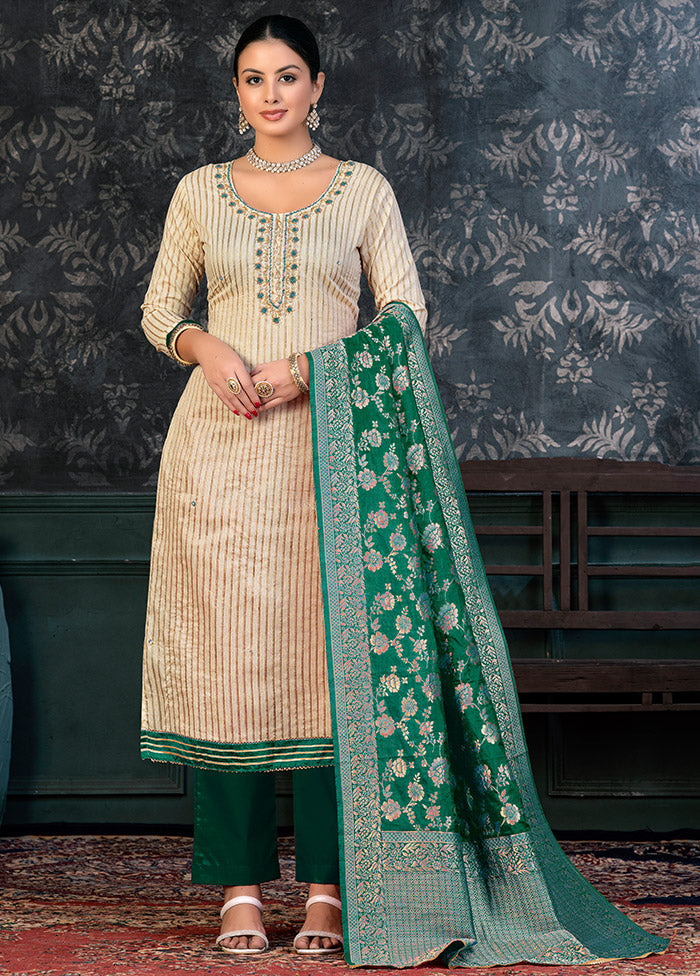 3 Pc Off White Semi Stitched Cotton Suit Set - Indian Silk House Agencies