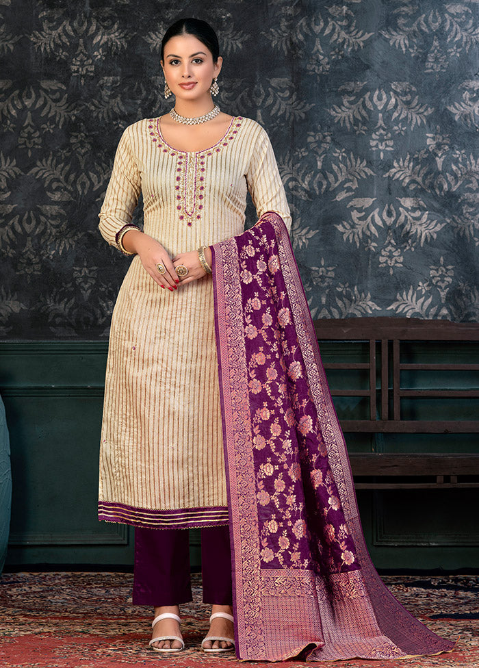 3 Pc Off White Semi Stitched Cotton Suit Set - Indian Silk House Agencies