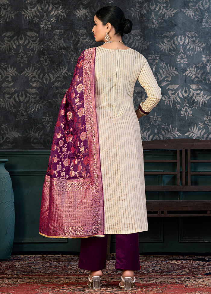 3 Pc Off White Semi Stitched Cotton Suit Set - Indian Silk House Agencies