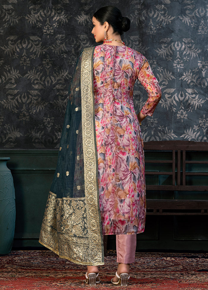 3 Pc Pink Semi Stitched Organza Suit Set - Indian Silk House Agencies