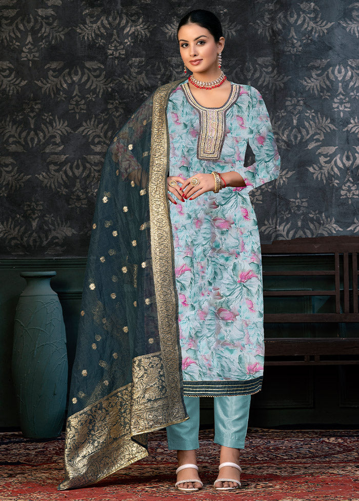 3 Pc Teal Semi Stitched Organza Suit Set - Indian Silk House Agencies