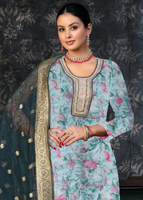 3 Pc Teal Semi Stitched Organza Suit Set - Indian Silk House Agencies