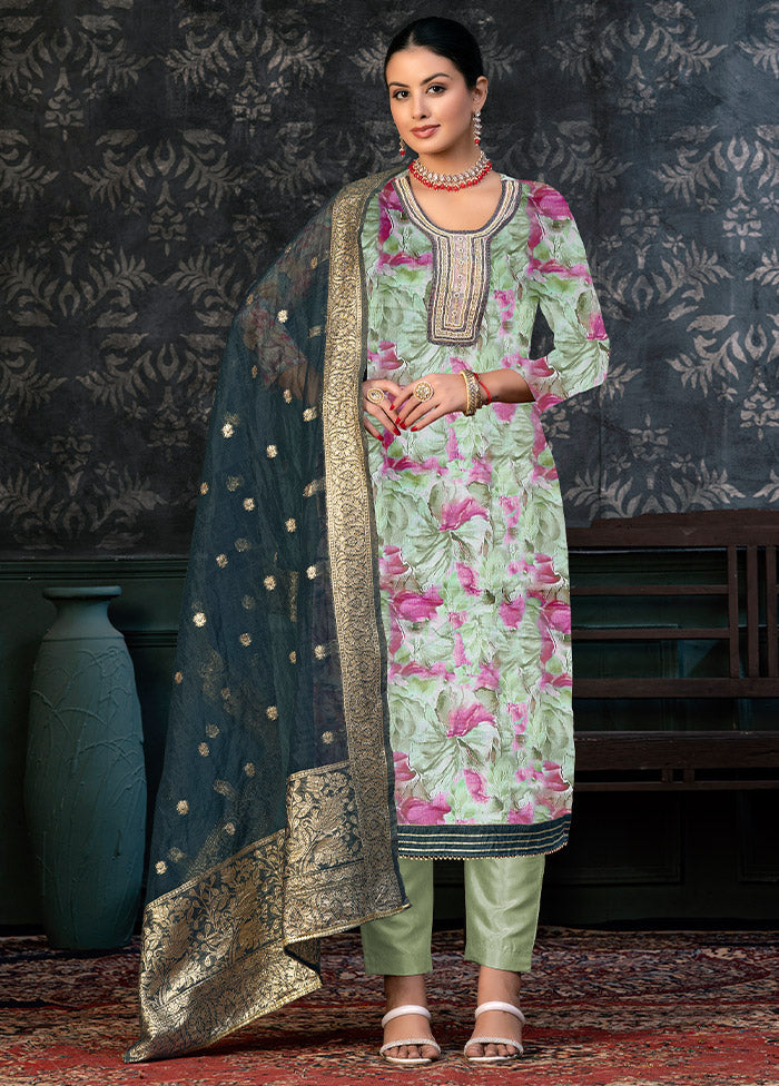 3 Pc Lime Green Semi Stitched Organza Suit Set - Indian Silk House Agencies