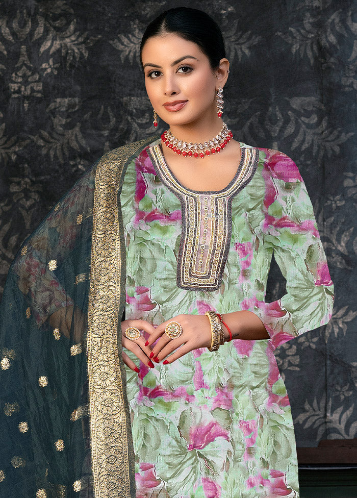 3 Pc Lime Green Semi Stitched Organza Suit Set - Indian Silk House Agencies