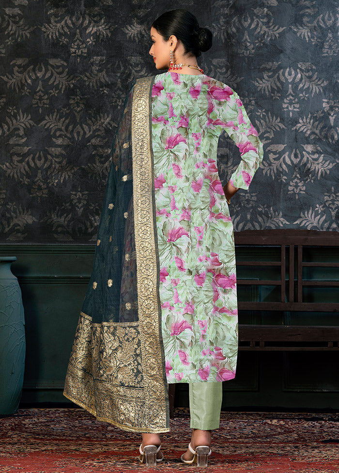 3 Pc Lime Green Semi Stitched Organza Suit Set - Indian Silk House Agencies