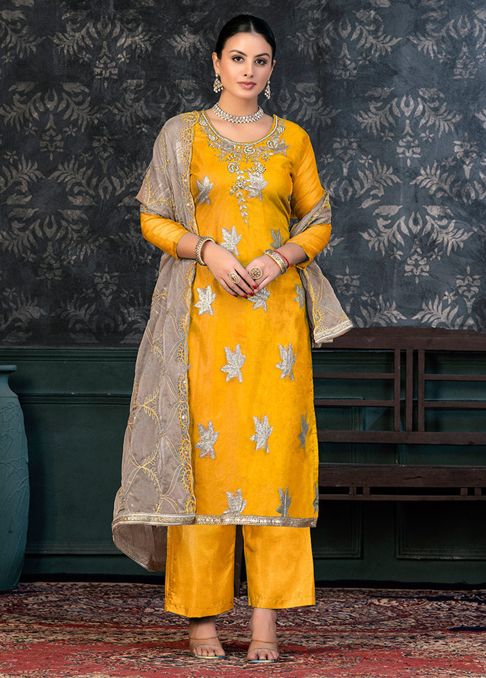 3 Pc Yellow Semi Stitched Organza Suit Set - Indian Silk House Agencies