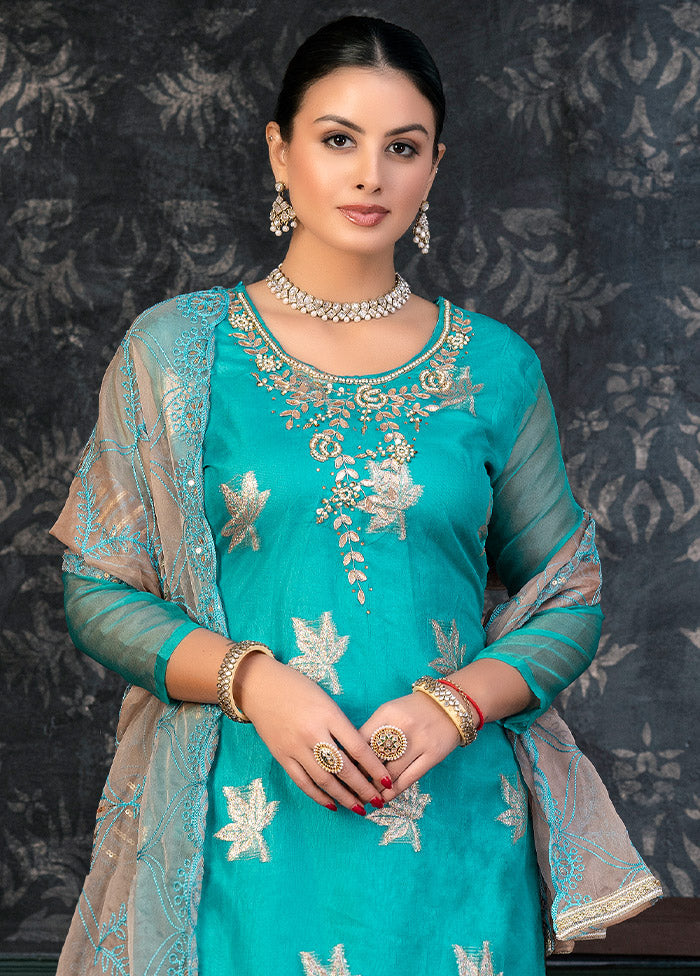 3 Pc Sky Blue Semi Stitched Organza Suit Set - Indian Silk House Agencies