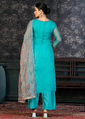 3 Pc Sky Blue Semi Stitched Organza Suit Set - Indian Silk House Agencies