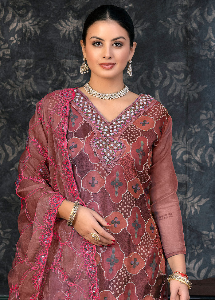 3 Pc Brown Semi Stitched Organza Suit Set - Indian Silk House Agencies