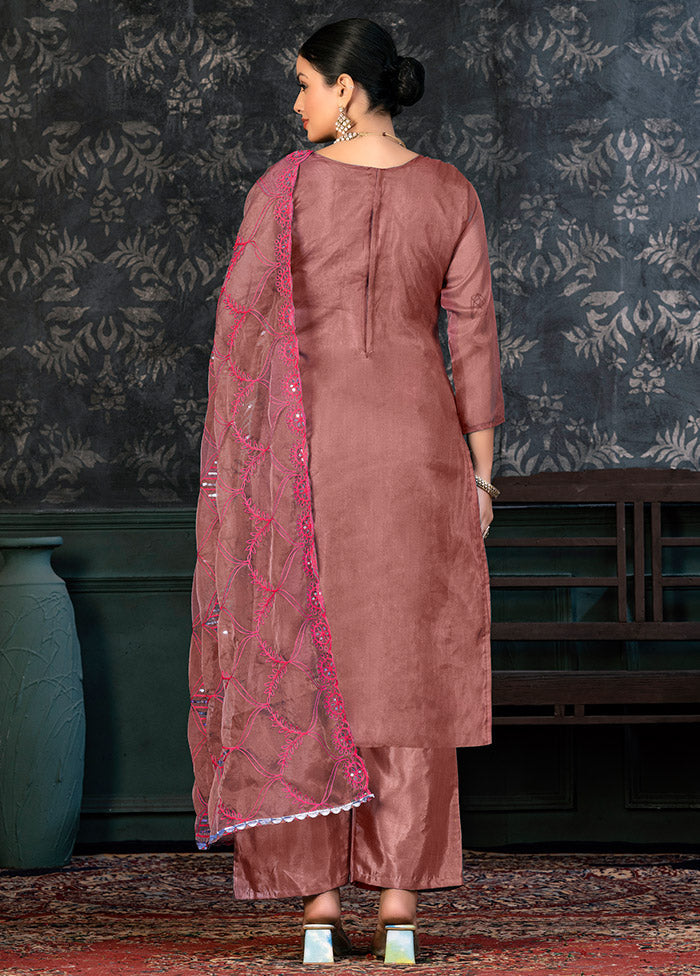 3 Pc Brown Semi Stitched Organza Suit Set - Indian Silk House Agencies