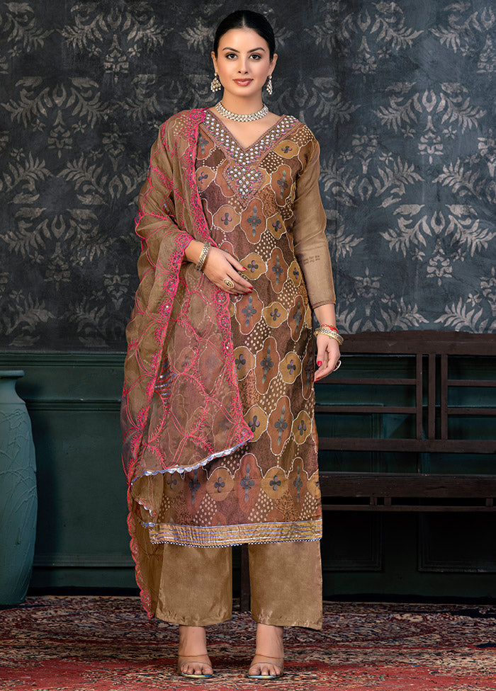 3 Pc Coffee Semi Stitched Organza Suit Set - Indian Silk House Agencies