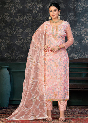 3 Pc Pink Semi Stitched Organza Suit Set - Indian Silk House Agencies