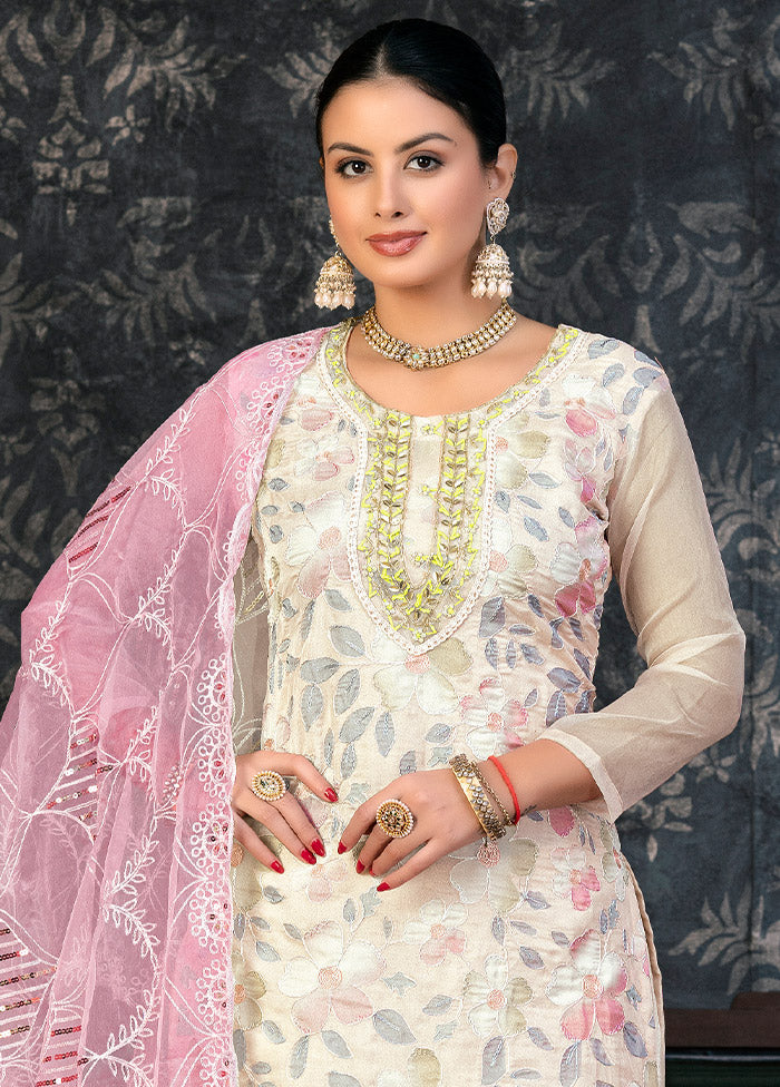 3 Pc White Semi Stitched Organza Suit Set - Indian Silk House Agencies